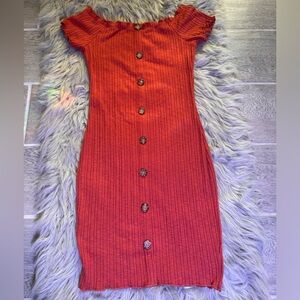 Cute orange autumn dress decorative buttons off the shoulder